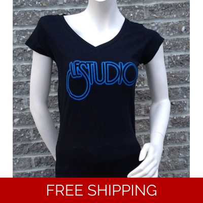 Girlie Shirt Black V Neck Blue Neon FX Front Logo